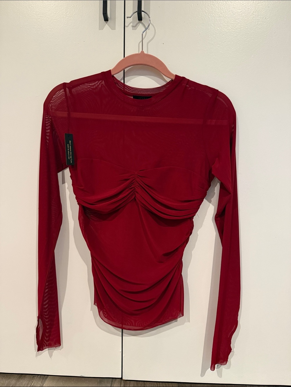 AFRM Long Sleeve Ruched Mesh Top - Red